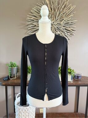 Sugar Moon Long Sleeve Black Button Down Ribbed Tee